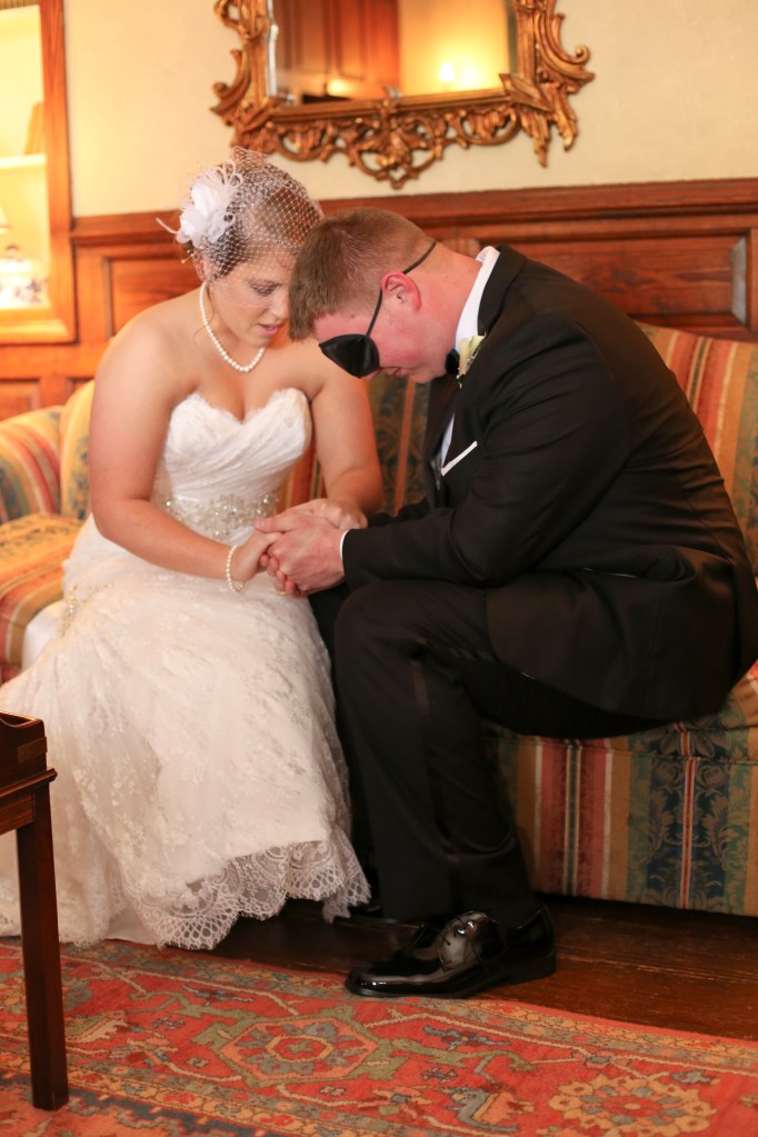 Sweetest thing I think I've ever seen before a wedding. Renee and Garrett prayed together, alone. Garrett blindfolded. It was beautiful.